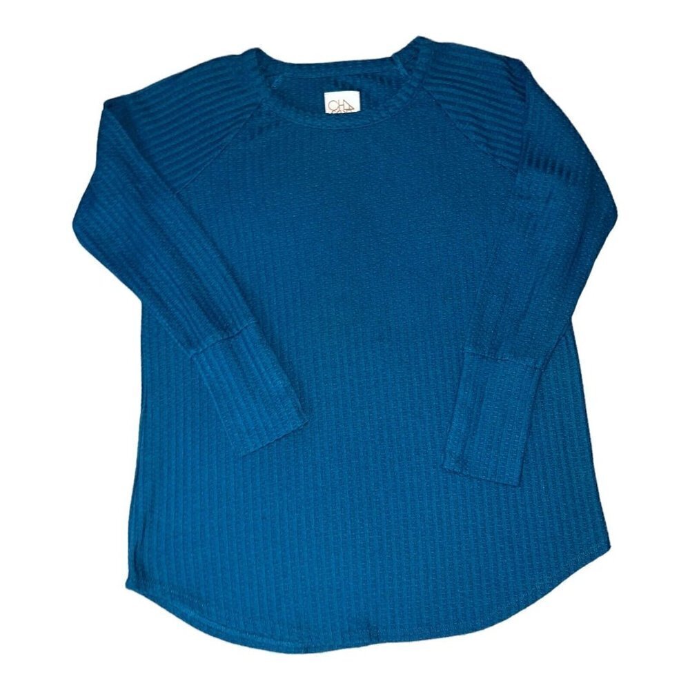 CHASER Green Waffle Knit Thermal Button Cuffs Crewneck Long Sleeve Top Sz L